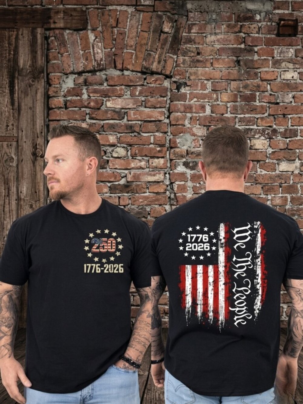 Vintage America 250 Years 1776 2026 Patriotic Flag Two Sided Graphic Tee